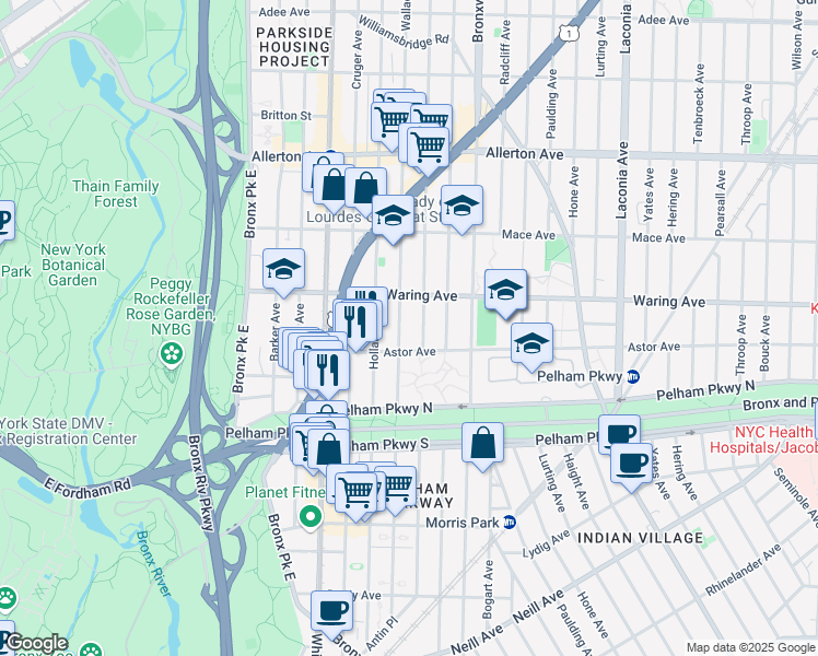 map of restaurants, bars, coffee shops, grocery stores, and more near in The Bronx