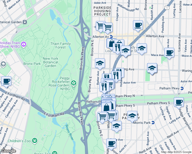 map of restaurants, bars, coffee shops, grocery stores, and more near 2292 Bronx Park East in Bronx
