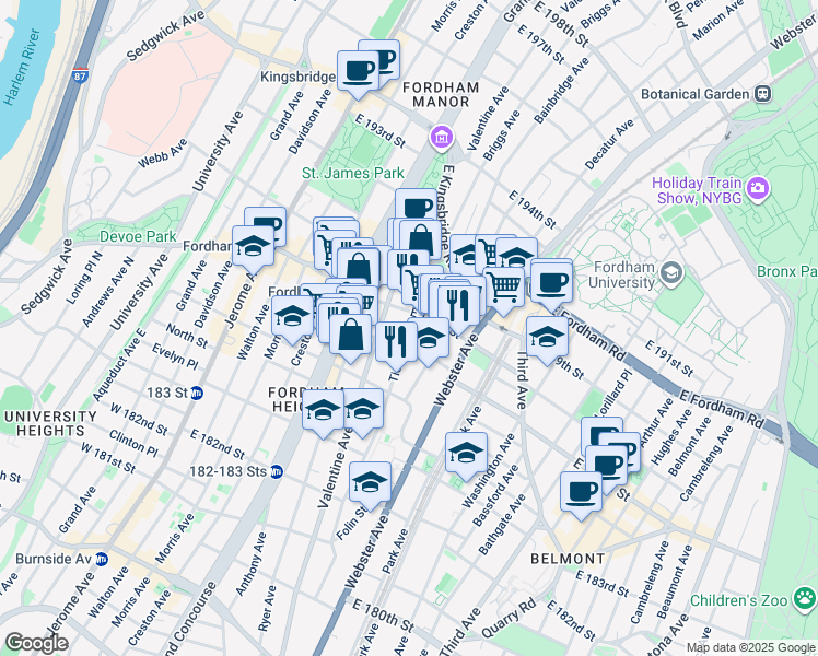 map of restaurants, bars, coffee shops, grocery stores, and more near in The Bronx
