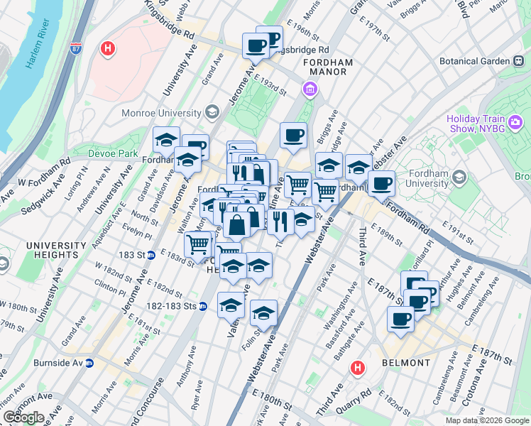 map of restaurants, bars, coffee shops, grocery stores, and more near 250 East 187th Street in Bronx
