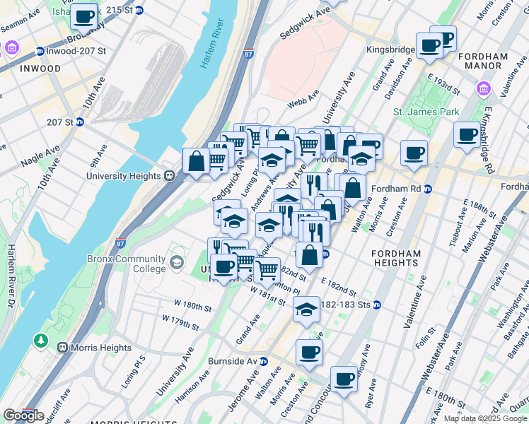 map of restaurants, bars, coffee shops, grocery stores, and more near in The Bronx