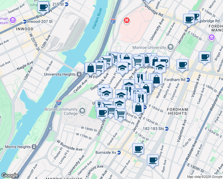 map of restaurants, bars, coffee shops, grocery stores, and more near in The Bronx