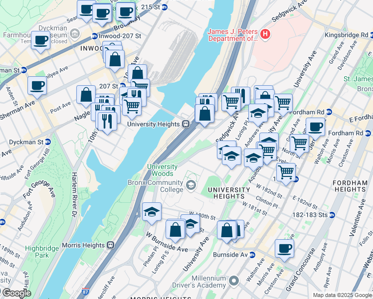 map of restaurants, bars, coffee shops, grocery stores, and more near 2170 Cedar Avenue in Bronx