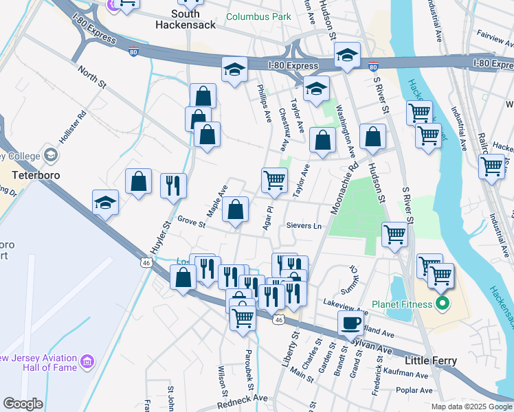 map of restaurants, bars, coffee shops, grocery stores, and more near 17 Agar Place in South Hackensack