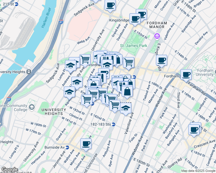 map of restaurants, bars, coffee shops, grocery stores, and more near Walton Ave & E 184th St in Bronx