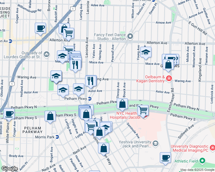 map of restaurants, bars, coffee shops, grocery stores, and more near 1219 Astor Avenue in Bronx