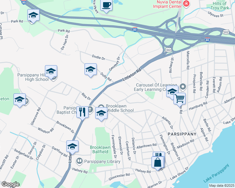 map of restaurants, bars, coffee shops, grocery stores, and more near 51 Fieldcrest Road in Parsippany-Troy Hills