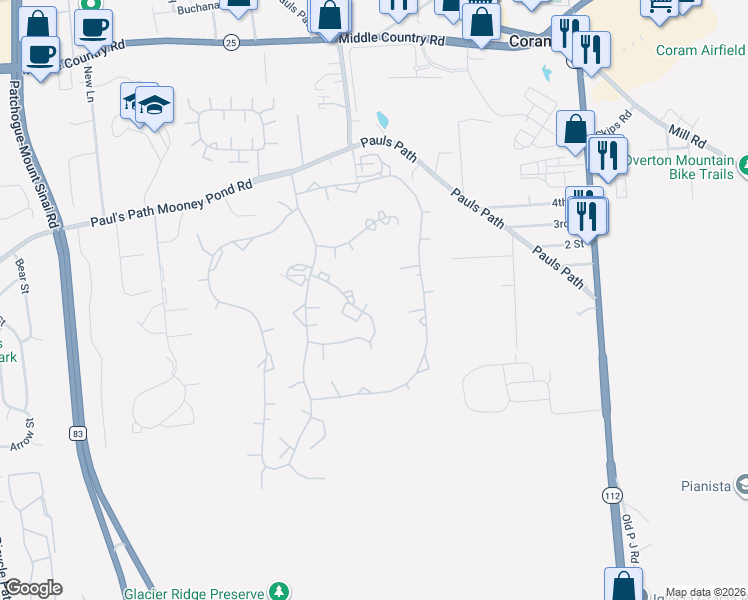 map of restaurants, bars, coffee shops, grocery stores, and more near 372 Woodland Court in Coram