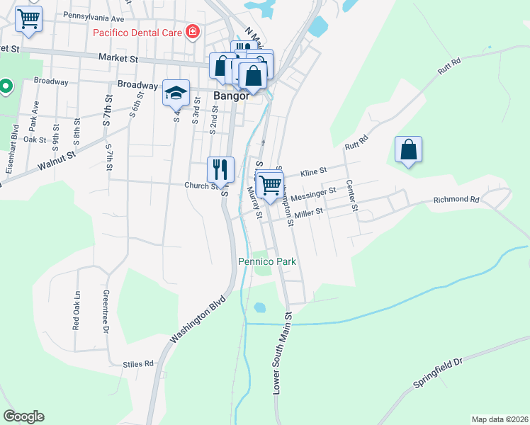 map of restaurants, bars, coffee shops, grocery stores, and more near 516 South Main Street in Bangor