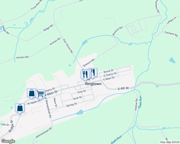 map of restaurants, bars, coffee shops, grocery stores, and more near 25 Wood Street in Ringtown