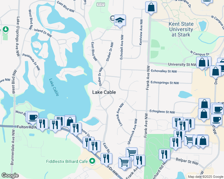 map of restaurants, bars, coffee shops, grocery stores, and more near 5226 Overlook Circle Northwest in Canton
