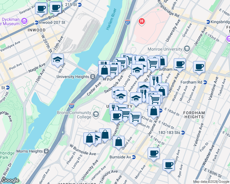 map of restaurants, bars, coffee shops, grocery stores, and more near 123 West 183rd Street in Bronx