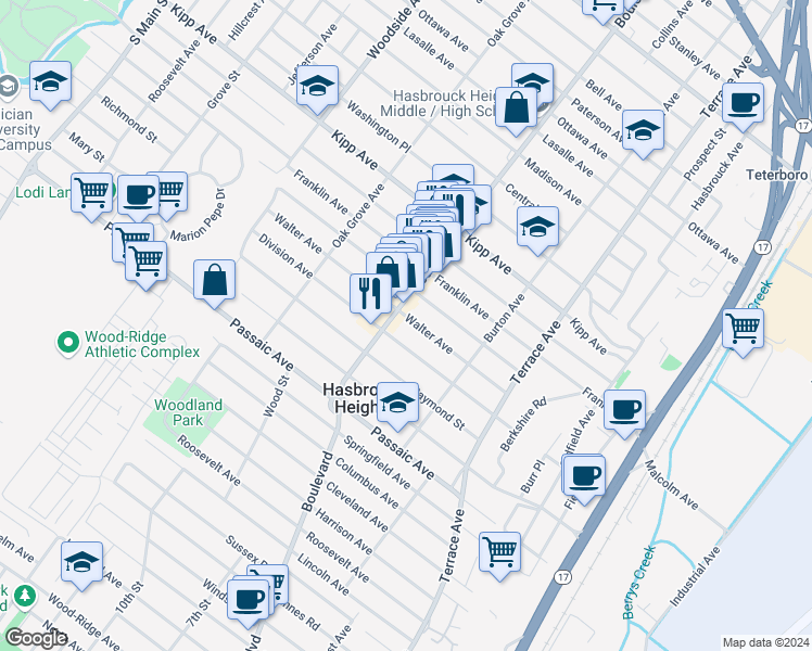 map of restaurants, bars, coffee shops, grocery stores, and more near 219 Division Avenue in Hasbrouck Heights