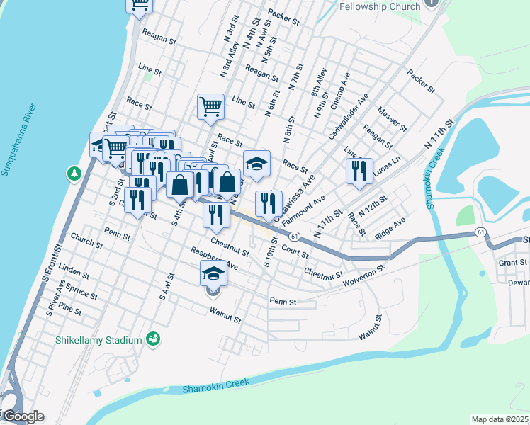 map of restaurants, bars, coffee shops, grocery stores, and more near 64 N 8th St in Sunbury