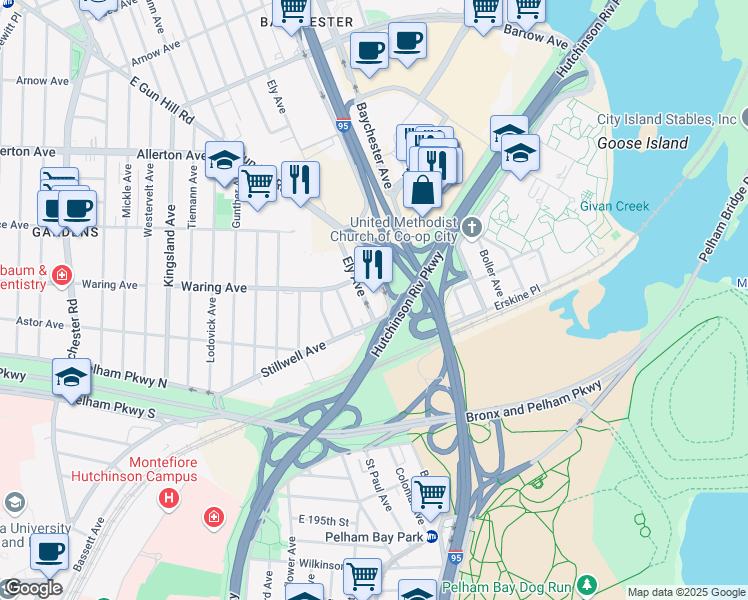 map of restaurants, bars, coffee shops, grocery stores, and more near 2000 East Gun Hill Road in The Bronx