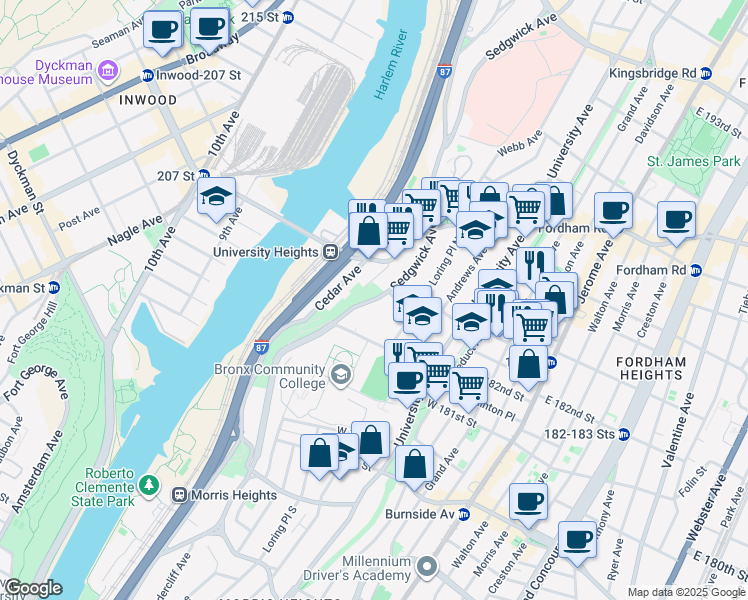 map of restaurants, bars, coffee shops, grocery stores, and more near Sedgwick Avenue in Bronx