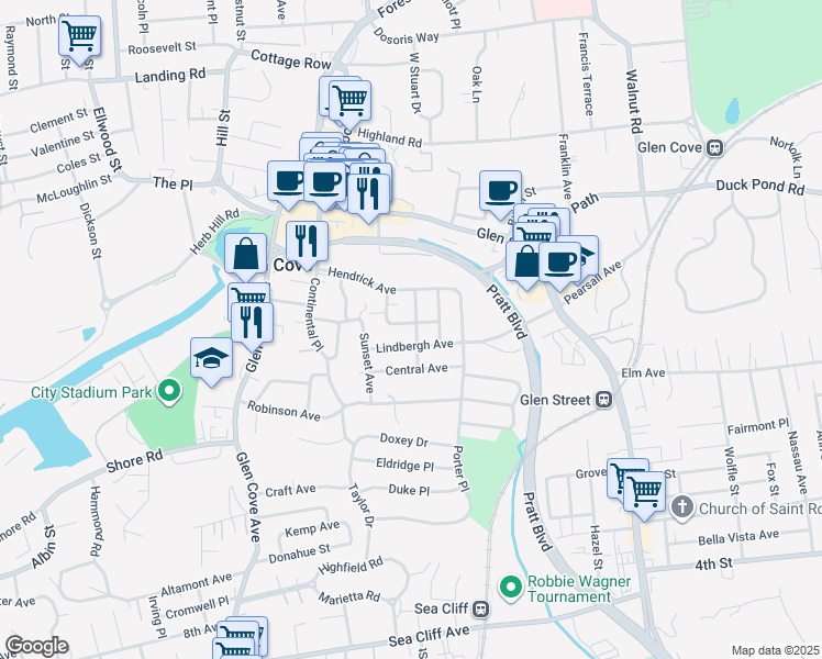 map of restaurants, bars, coffee shops, grocery stores, and more near 27 Lindbergh Avenue in Glen Cove