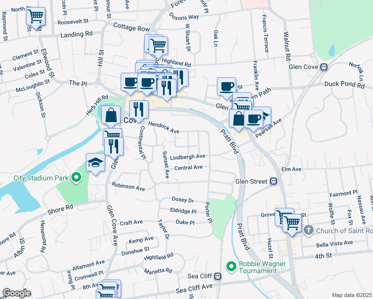 map of restaurants, bars, coffee shops, grocery stores, and more near 27 Lindbergh Avenue in Glen Cove