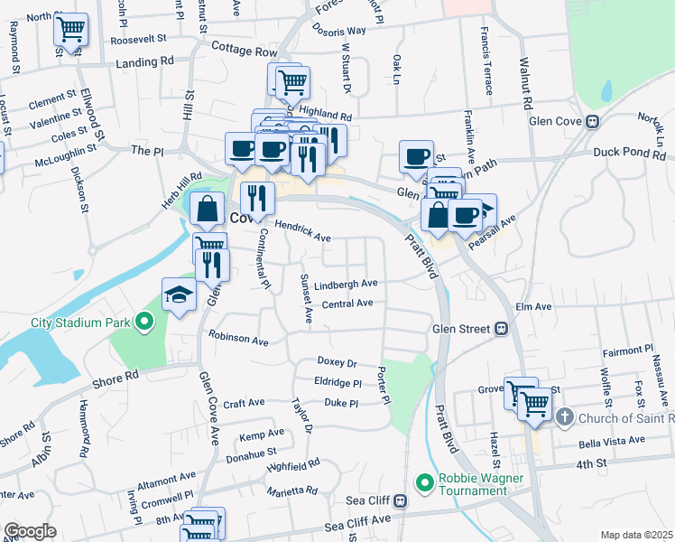map of restaurants, bars, coffee shops, grocery stores, and more near 27 Lindbergh Avenue in Glen Cove