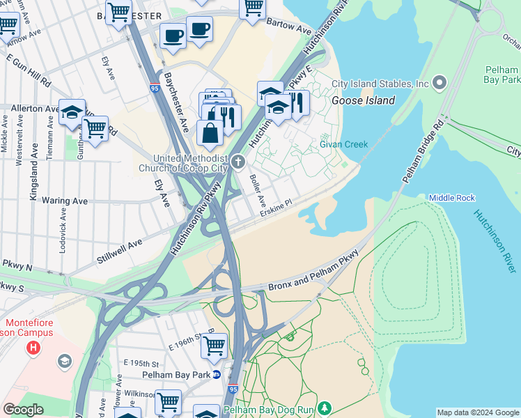 map of restaurants, bars, coffee shops, grocery stores, and more near 2195 Palmer Avenue in Bronx