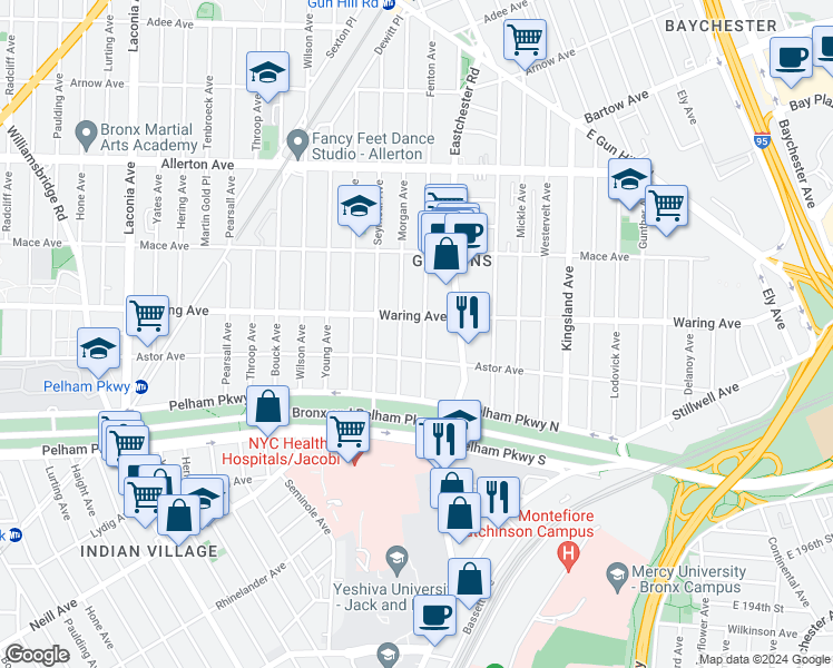 map of restaurants, bars, coffee shops, grocery stores, and more near 1433 Astor Avenue in Bronx