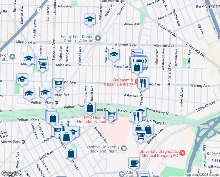 map of restaurants, bars, coffee shops, grocery stores, and more near 1327 Astor Avenue in Bronx