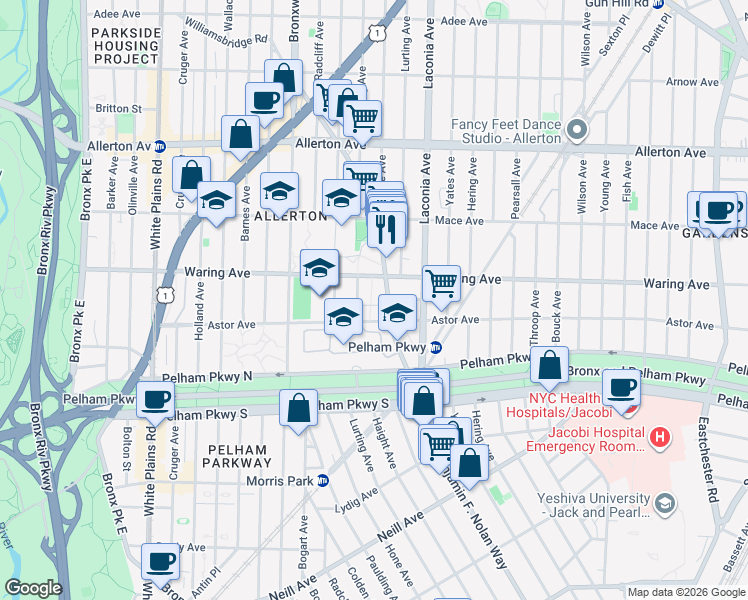 map of restaurants, bars, coffee shops, grocery stores, and more near 2324 Paulding Avenue in The Bronx