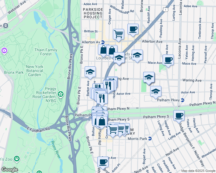map of restaurants, bars, coffee shops, grocery stores, and more near 2309 Holland Avenue in The Bronx