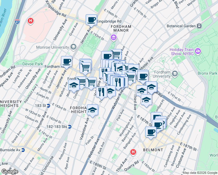 map of restaurants, bars, coffee shops, grocery stores, and more near 355 East 187th Street in Bronx