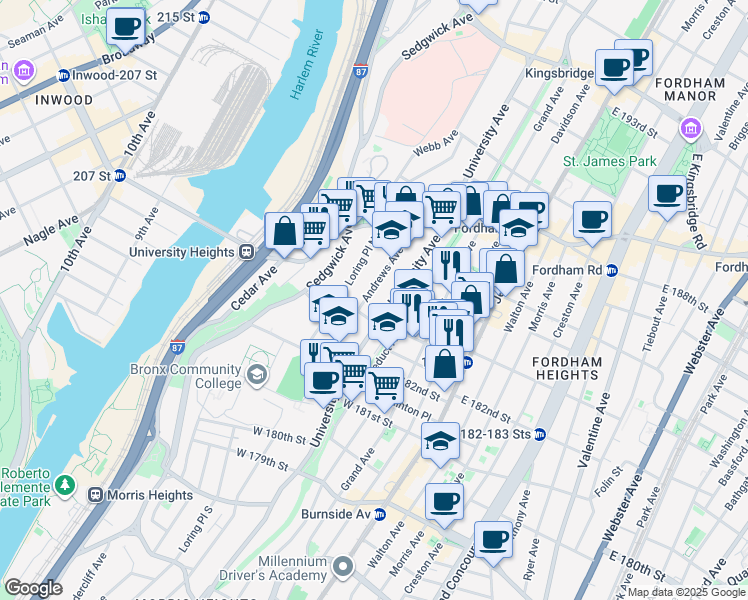 map of restaurants, bars, coffee shops, grocery stores, and more near in The Bronx