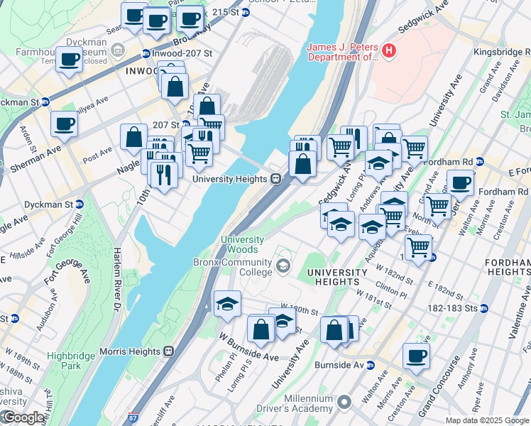 map of restaurants, bars, coffee shops, grocery stores, and more near 2170 Cedar Avenue in Bronx