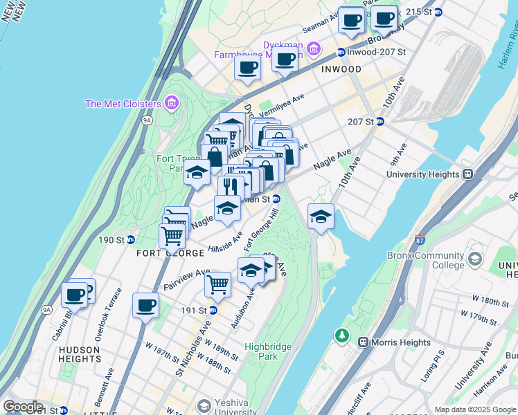 map of restaurants, bars, coffee shops, grocery stores, and more near 129 Hillside Avenue in New York