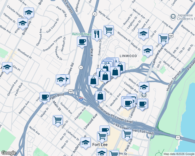 map of restaurants, bars, coffee shops, grocery stores, and more near 2168-2174 Edwin Avenue in Fort Lee