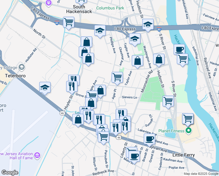 map of restaurants, bars, coffee shops, grocery stores, and more near 17 Agar Place in South Hackensack