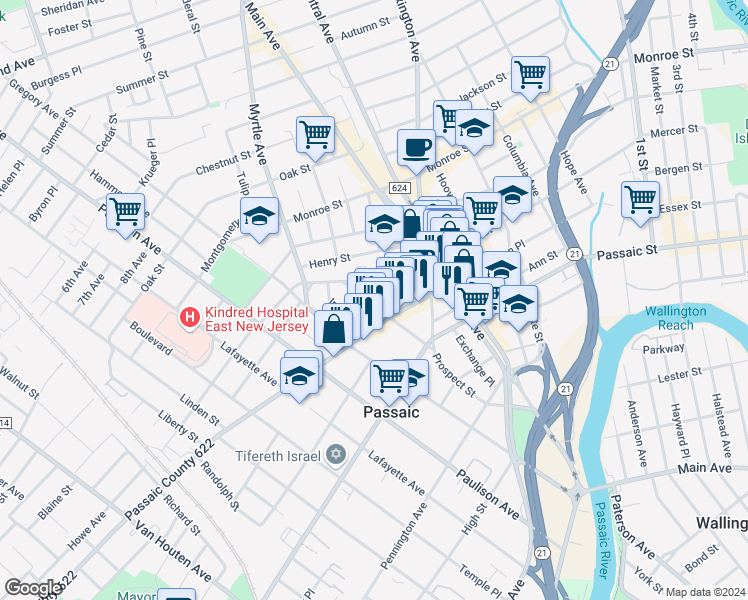 map of restaurants, bars, coffee shops, grocery stores, and more near 47 Broadway in Passaic