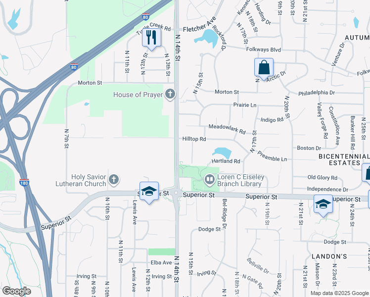map of restaurants, bars, coffee shops, grocery stores, and more near 1431 Hilltop Road in Lincoln