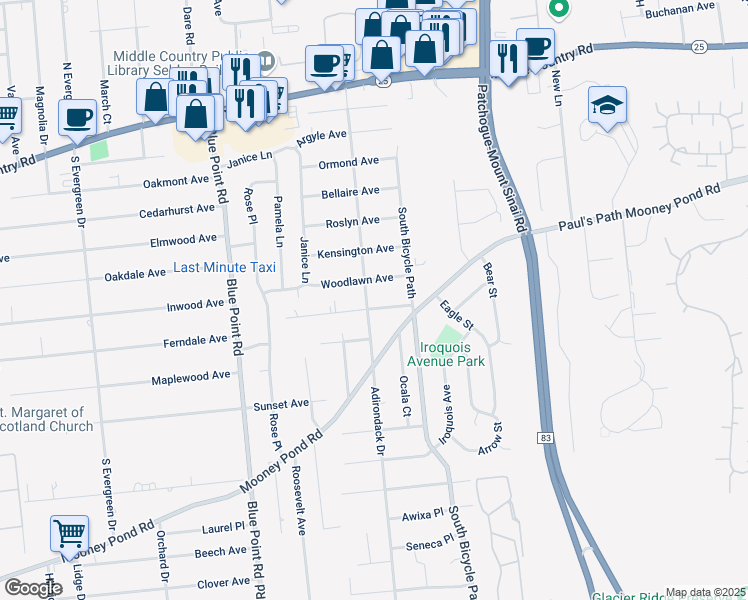 map of restaurants, bars, coffee shops, grocery stores, and more near 110 Adirondack Drive in Selden