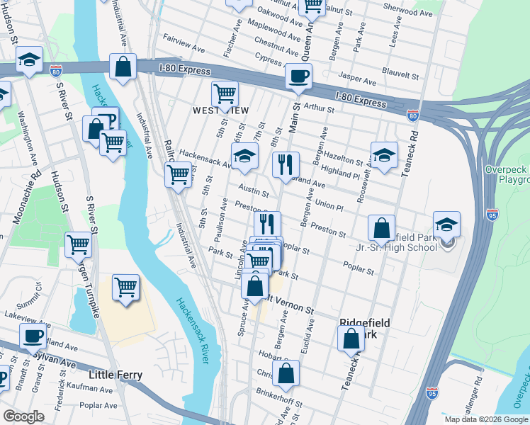 map of restaurants, bars, coffee shops, grocery stores, and more near 72 Summit Street in Ridgefield Park