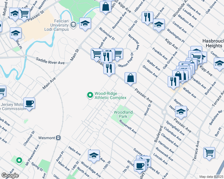 map of restaurants, bars, coffee shops, grocery stores, and more near 6 Wesmont Drive in Wood-Ridge
