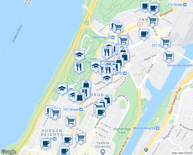 map of restaurants, bars, coffee shops, grocery stores, and more near West 196th Street in New York