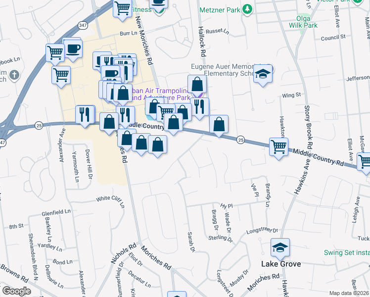 map of restaurants, bars, coffee shops, grocery stores, and more near 24 Parsnip Pond Road in Lake Grove