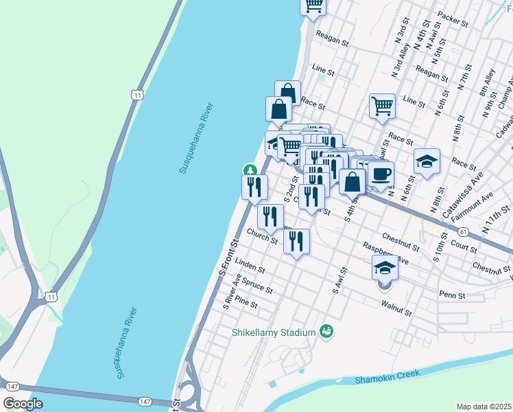 map of restaurants, bars, coffee shops, grocery stores, and more near 130 South Front Street in Sunbury