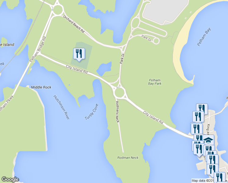 map of restaurants, bars, coffee shops, grocery stores, and more near City Island Road in Bronx