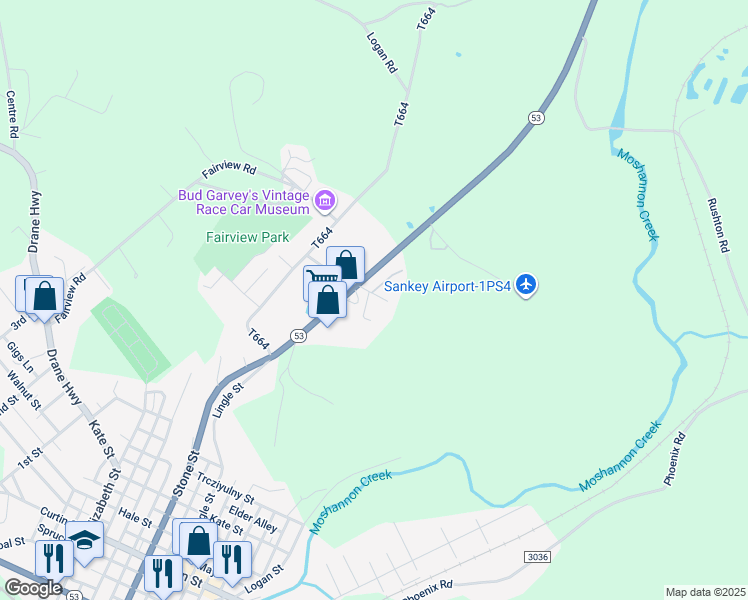 map of restaurants, bars, coffee shops, grocery stores, and more near 50 Sunset Lane in Osceola Mills