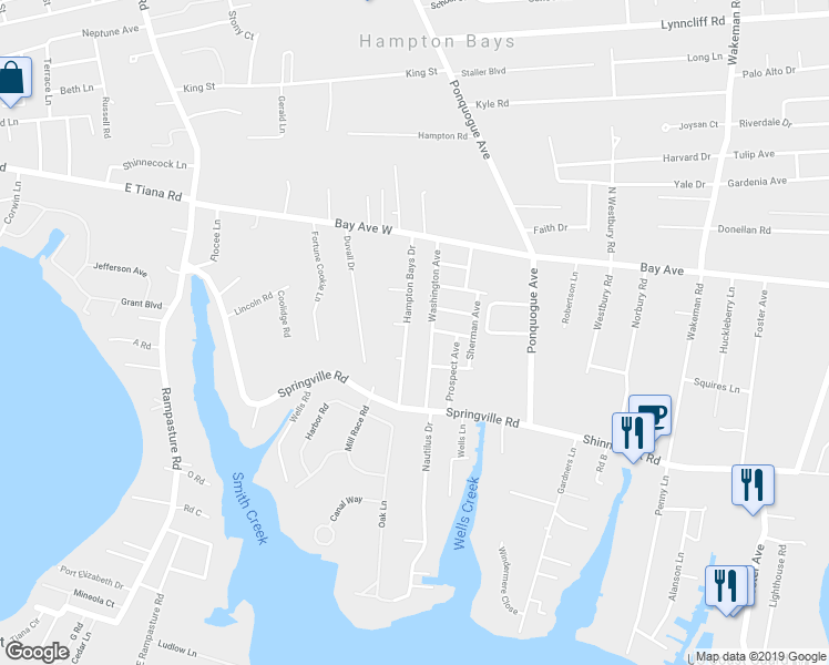 map of restaurants, bars, coffee shops, grocery stores, and more near 25 Hampton Bays Drive in Hampton Bays