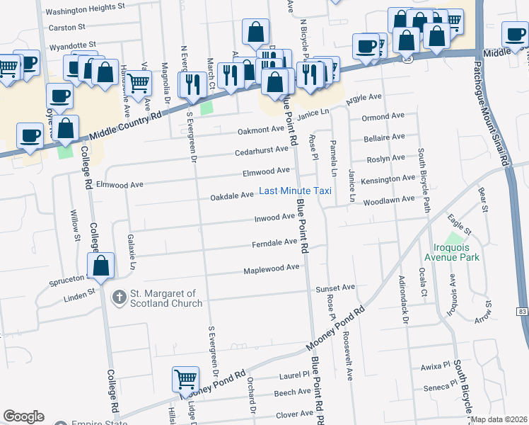 map of restaurants, bars, coffee shops, grocery stores, and more near 22 Inwood Avenue in Selden