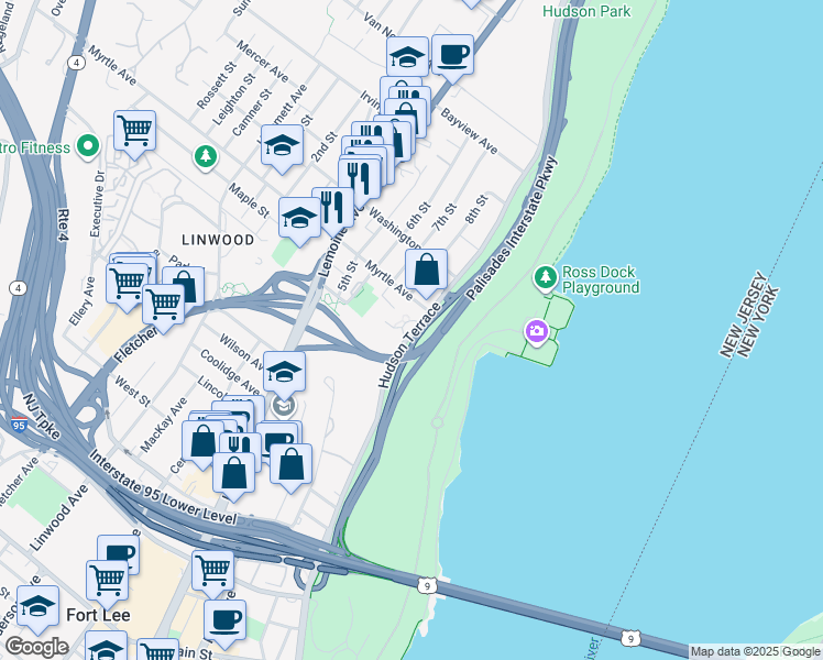 map of restaurants, bars, coffee shops, grocery stores, and more near 2329 Hudson Terrace in Fort Lee