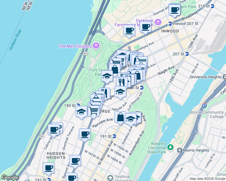 map of restaurants, bars, coffee shops, grocery stores, and more near 64 Nagle Avenue in New York