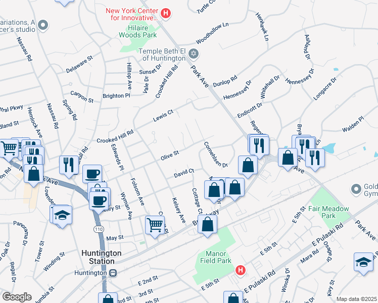 map of restaurants, bars, coffee shops, grocery stores, and more near 160 Olive Street in Huntington Station