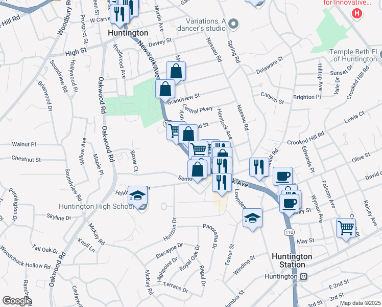 map of restaurants, bars, coffee shops, grocery stores, and more near 755 New York Avenue in Huntington